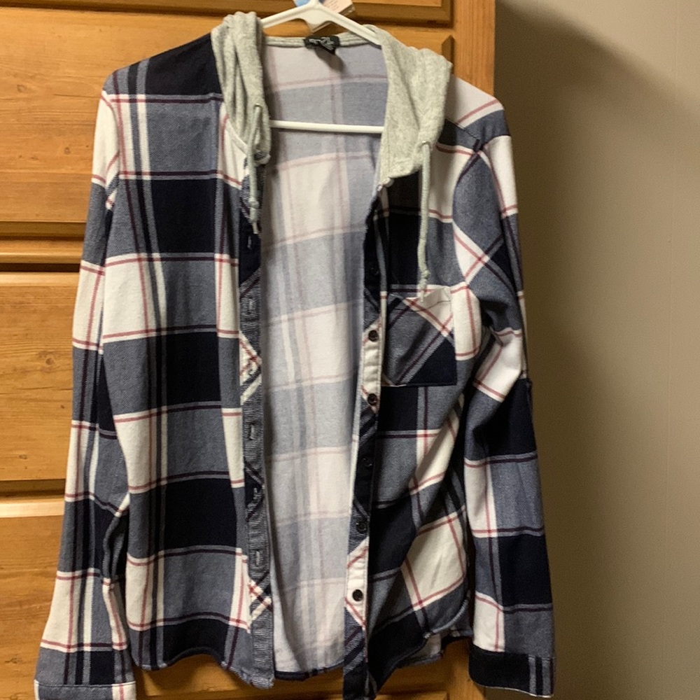 Navy and red hooded flannel